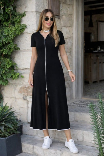 Rochie midi evazată din viscoză pentru femei, cu mânecă scurtă, decolteu deschis, fermoar frontal, 34203