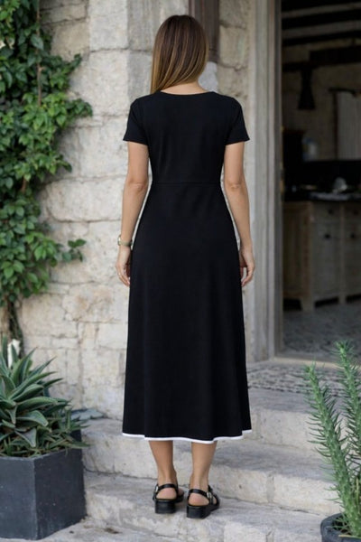Rochie midi evazată din viscoză pentru femei, cu mânecă scurtă, decolteu deschis, fermoar frontal, 34203