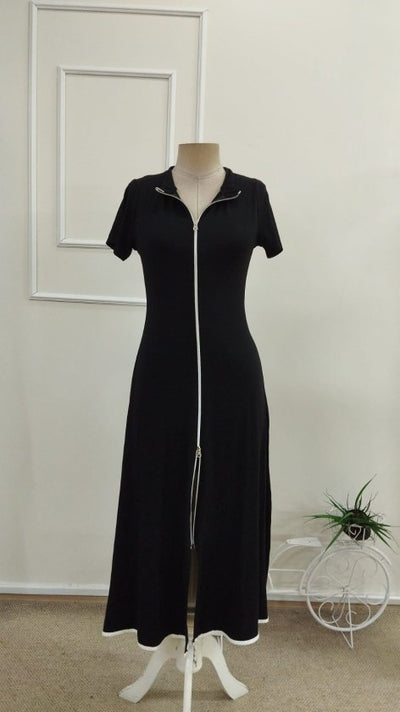 Rochie midi evazată din viscoză pentru femei, cu mânecă scurtă, decolteu deschis, fermoar frontal, 34203