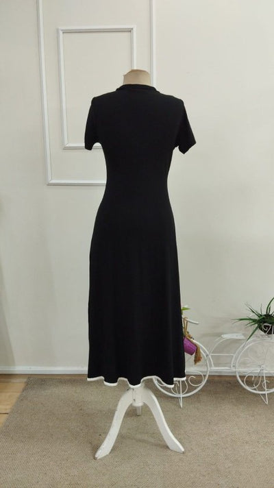 Rochie midi evazată din viscoză pentru femei, cu mânecă scurtă, decolteu deschis, fermoar frontal, 34203