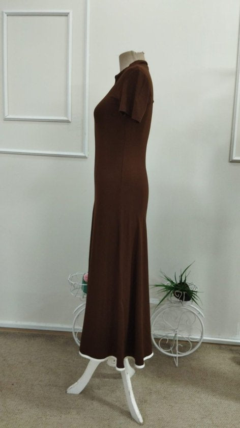 Rochie midi evazată din viscoză pentru femei, cu mânecă scurtă, decolteu deschis, fermoar frontal, 34205