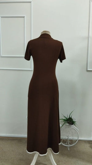 Rochie midi evazată din viscoză pentru femei, cu mânecă scurtă, decolteu deschis, fermoar frontal, 34205