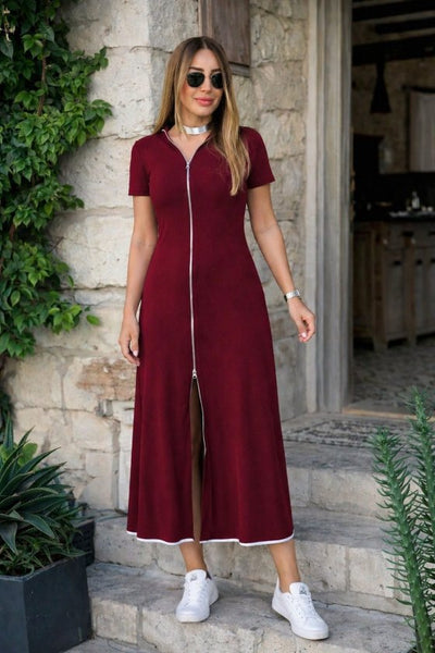 Rochie midi evazată din viscoză pentru femei, cu mânecă scurtă, decolteu deschis, fermoar frontal, 34206