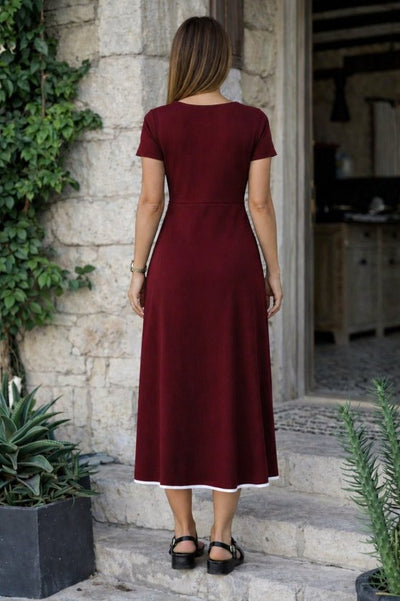 Rochie midi evazată din viscoză pentru femei, cu mânecă scurtă, decolteu deschis, fermoar frontal, 34206