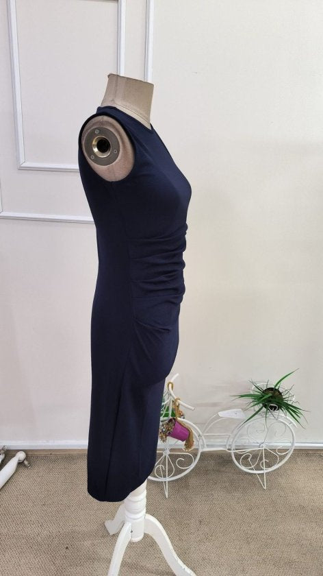 Rochie scurtă din crep strălucitor, fără mâneci, cu guler înalt, cu încrețituri laterale, pentru femei, 34209