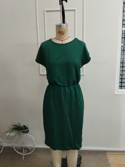 Rochie scurtă din viscoză cu două fire, cu mânecă scurtă și guler rotund, pentru femei, 34211