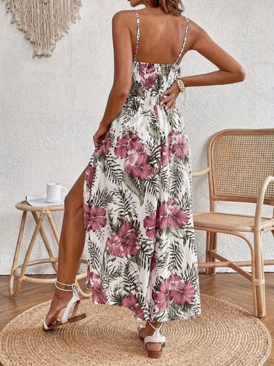 Women's Spaghetti Strap V-Neck Waist Guipure Floral Print Side Slit Maxi Supreme Dress, 34213