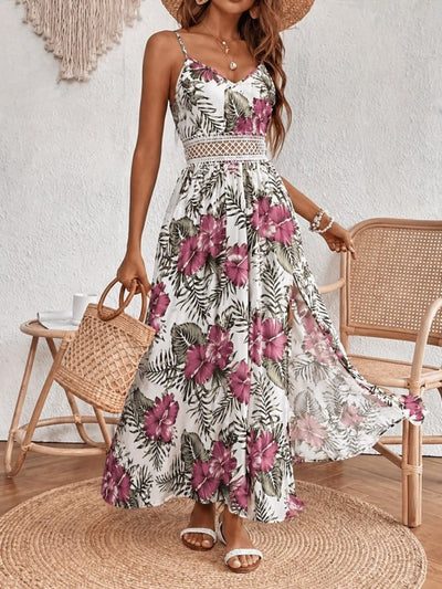 Women's Spaghetti Strap V-Neck Waist Guipure Floral Print Side Slit Maxi Supreme Dress, 34213