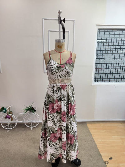 Women's Spaghetti Strap V-Neck Waist Guipure Floral Print Side Slit Maxi Supreme Dress, 34213