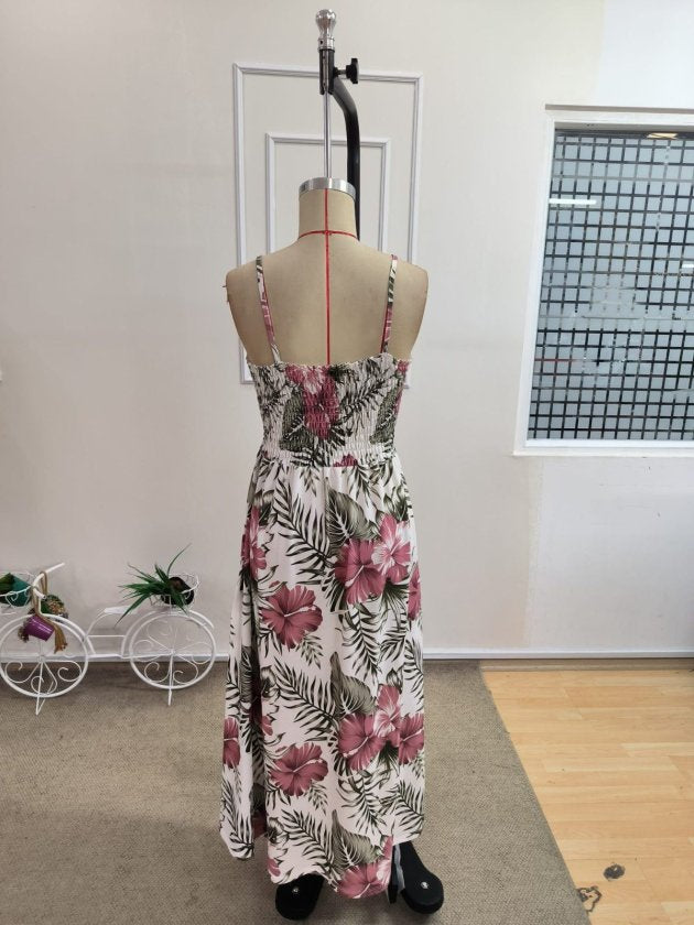 Women's Spaghetti Strap V-Neck Waist Guipure Floral Print Side Slit Maxi Supreme Dress, 34213