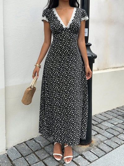 Women's Short Sleeve Deep V-Neck Lace Detail Floral Print Long Jersey Dress, 34214