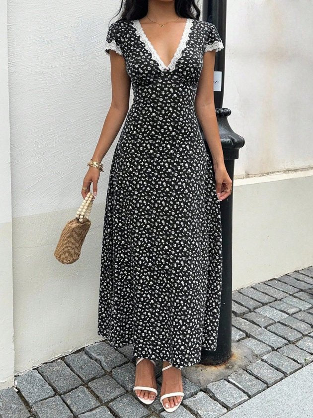 Women's Short Sleeve Deep V-Neck Lace Detail Floral Print Long Jersey Dress, 34214