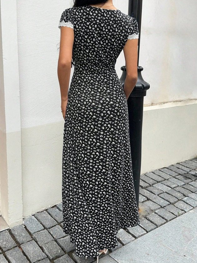 Women's Short Sleeve Deep V-Neck Lace Detail Floral Print Long Jersey Dress, 34214