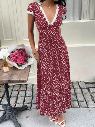 Rochie lungă Supreme pentru femei, cu mânecă scurtă, decolteu adânc în V, detalii din dantelă și model floral, 34215