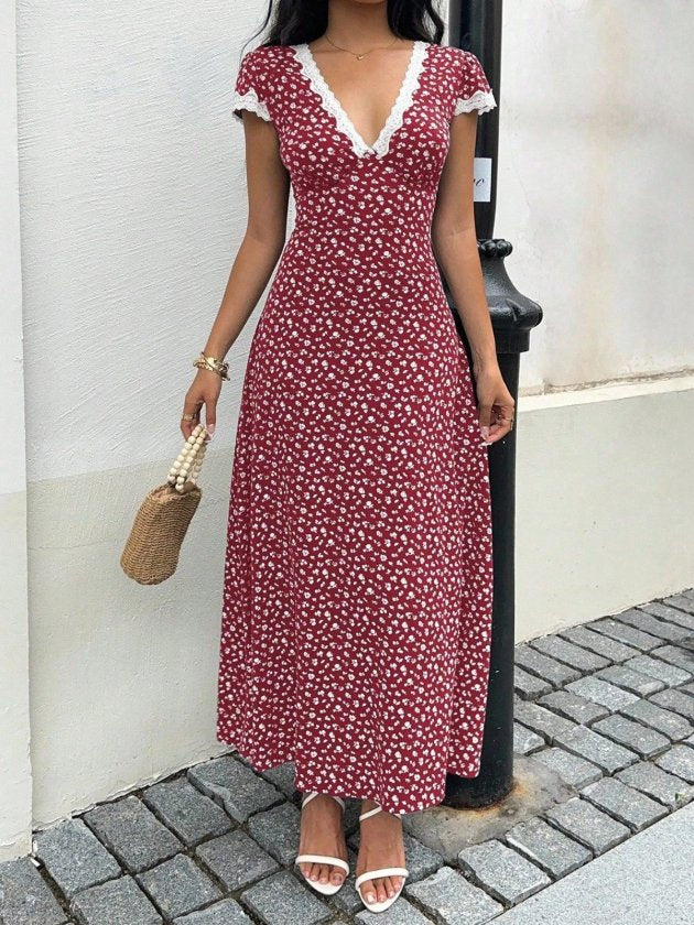 Rochie lungă Supreme pentru femei, cu mânecă scurtă, decolteu adânc în V, detalii din dantelă și model floral, 34215