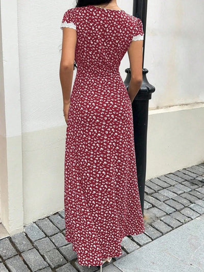 Rochie lungă Supreme pentru femei, cu mânecă scurtă, decolteu adânc în V, detalii din dantelă și model floral, 34215