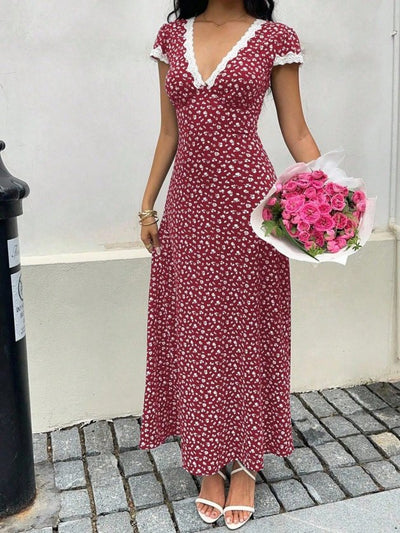 Rochie lungă Supreme pentru femei, cu mânecă scurtă, decolteu adânc în V, detalii din dantelă și model floral, 34215