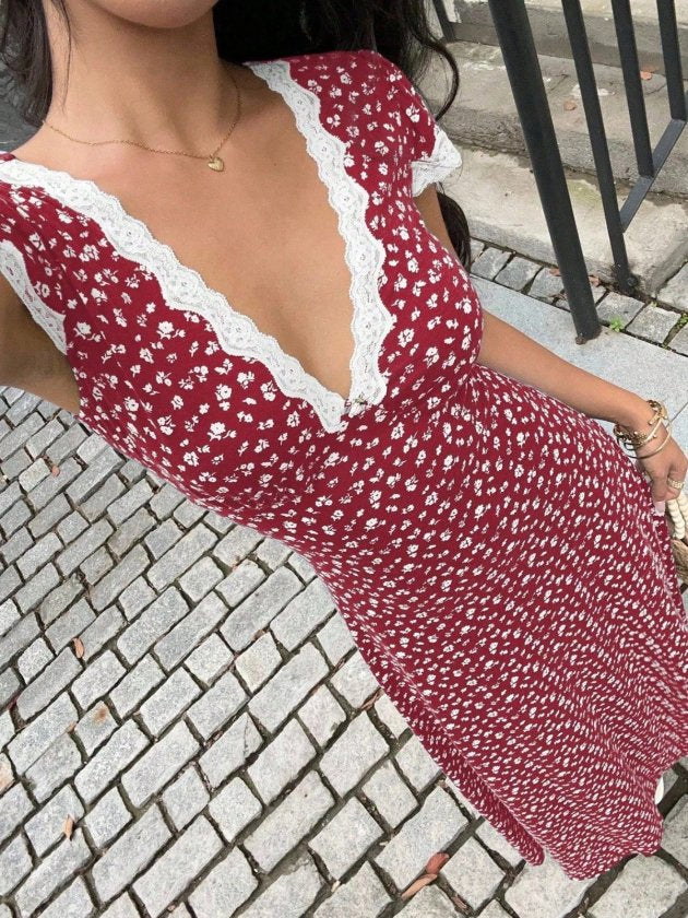 Rochie lungă Supreme pentru femei, cu mânecă scurtă, decolteu adânc în V, detalii din dantelă și model floral, 34215