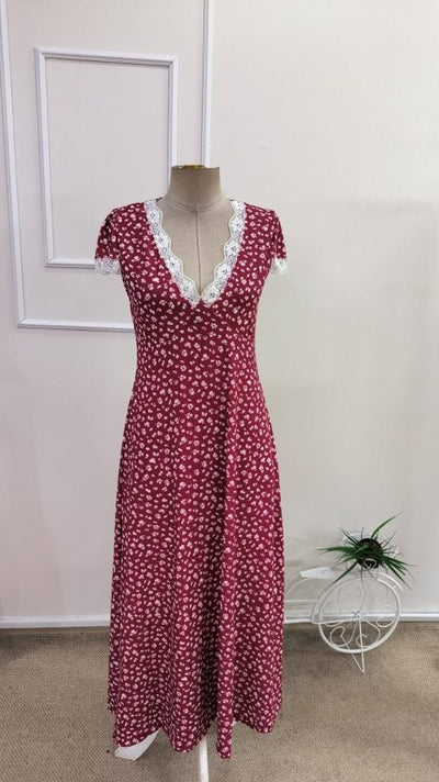 Rochie lungă Supreme pentru femei, cu mânecă scurtă, decolteu adânc în V, detalii din dantelă și model floral, 34215