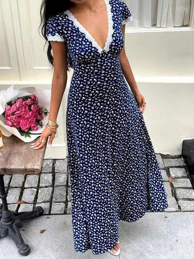 Rochie lungă cu imprimeu floral, mânecă scurtă, decolteu adânc în V, cu detalii din dantelă, din țesătură suprafină pentru femei, 36282