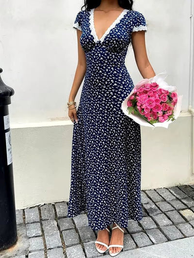 Rochie lungă cu imprimeu floral, mânecă scurtă, decolteu adânc în V, cu detalii din dantelă, din țesătură suprafină pentru femei, 36282
