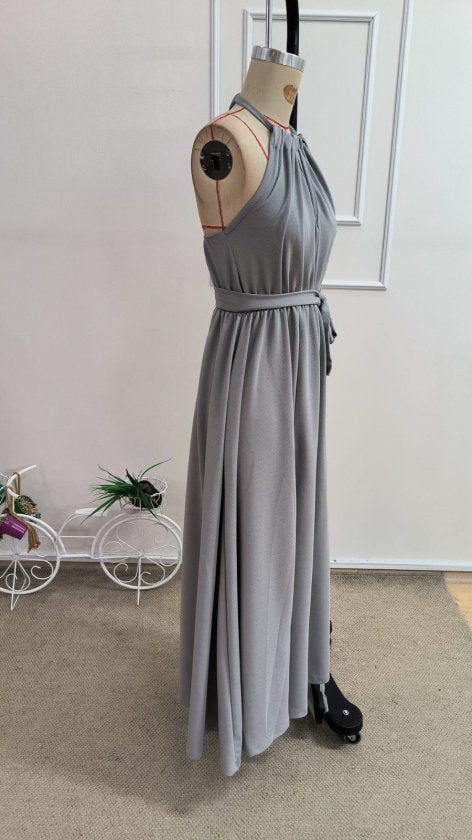 Rochie lungă din crep strălucitor, cu umeri goi, decolteu scurt, cu șireturi la spate și crăpături, 34239
