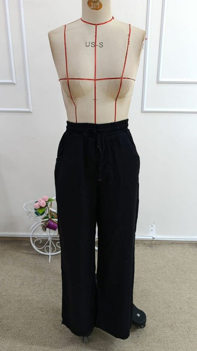 Pantaloni de damă din denim cu talie înaltă, elastic și șnur, 34249