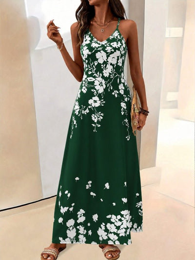Women's Strappy V-Neck Patterned Long Interlock Dress, 34289
