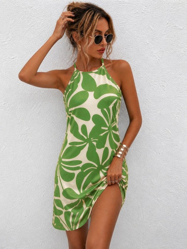 Rochie scurtă cu imprimeu, cu guler halter și umeri goi pentru femei, Supreme, 34300