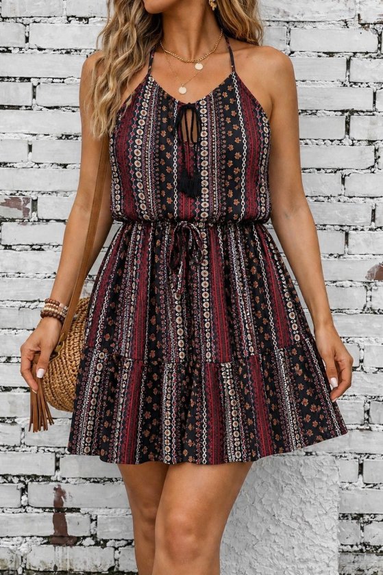 Women's Spaghetti Strap V-Neck Self-Tie Patterned Short Supima Dress, 34318