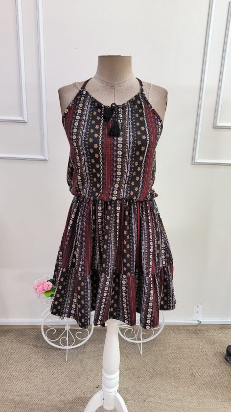 Women's Spaghetti Strap V-Neck Self-Tie Patterned Short Supima Dress, 34318