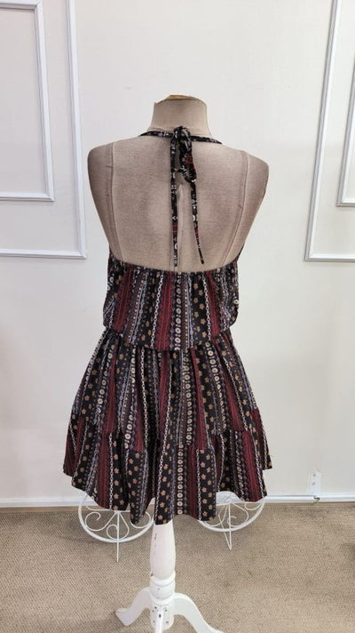 Women's Spaghetti Strap V-Neck Self-Tie Patterned Short Supima Dress, 34318