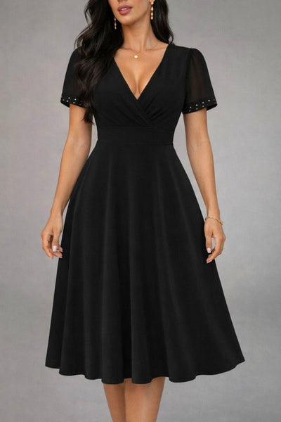 Rochie de damă cu mânecă scurtă și decolteu în V, cu mâneci din tul și detalii cu pietre, rochie din crep strălucitor, 34319