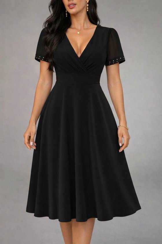 Rochie de damă cu mânecă scurtă și decolteu în V, cu mâneci din tul și detalii cu pietre, rochie din crep strălucitor, 34319
