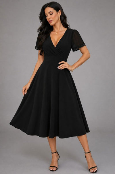 Rochie de damă cu mânecă scurtă și decolteu în V, cu mâneci din tul și detalii cu pietre, rochie din crep strălucitor, 34319
