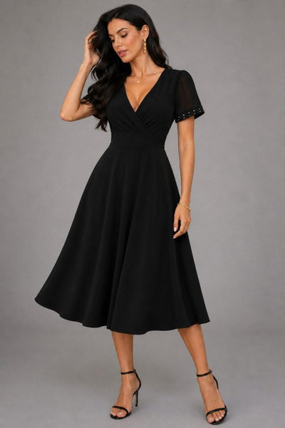 Rochie de damă cu mânecă scurtă și decolteu în V, cu mâneci din tul și detalii cu pietre, rochie din crep strălucitor, 34319
