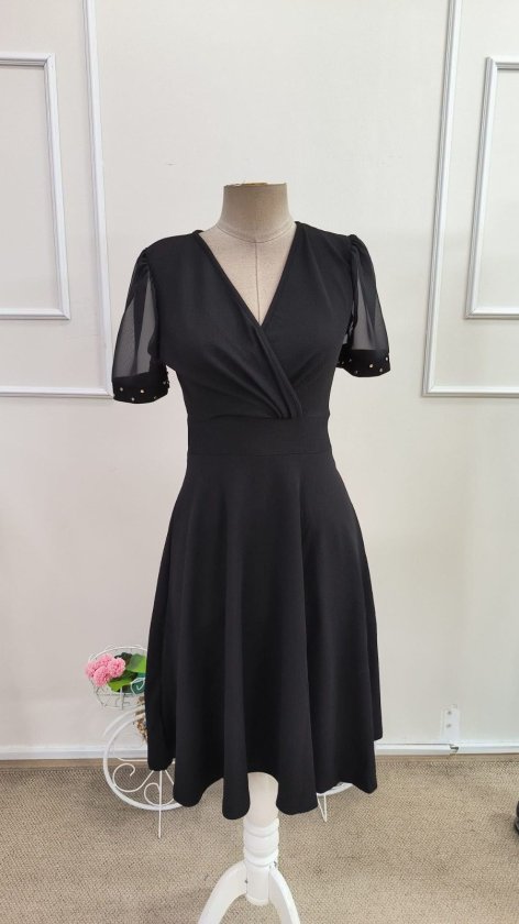 Rochie de damă cu mânecă scurtă și decolteu în V, cu mâneci din tul și detalii cu pietre, rochie din crep strălucitor, 34319
