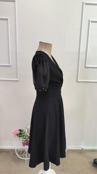 Rochie de damă cu mânecă scurtă și decolteu în V, cu mâneci din tul și detalii cu pietre, rochie din crep strălucitor, 34319