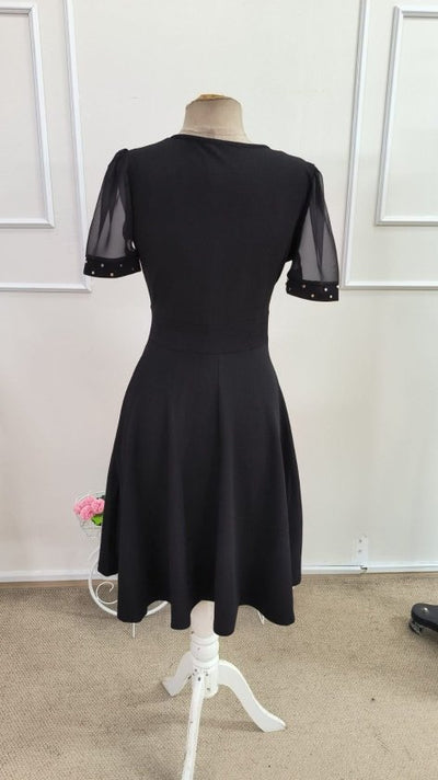 Rochie de damă cu mânecă scurtă și decolteu în V, cu mâneci din tul și detalii cu pietre, rochie din crep strălucitor, 34319