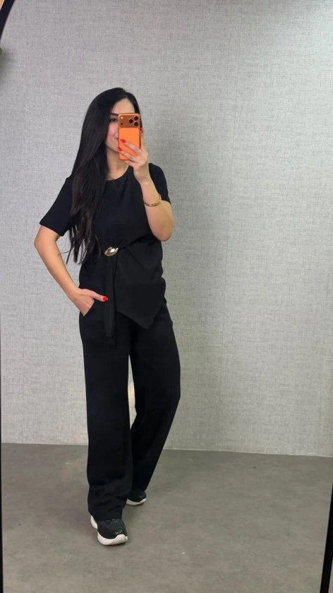 Set de două piese pentru femei, bluză și pantaloni din viscoză, cu guler rotund și mânecă scurtă, cu cataramă laterală, 34321