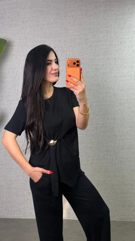 Set de două piese pentru femei, bluză și pantaloni din viscoză, cu guler rotund și mânecă scurtă, cu cataramă laterală, 34321