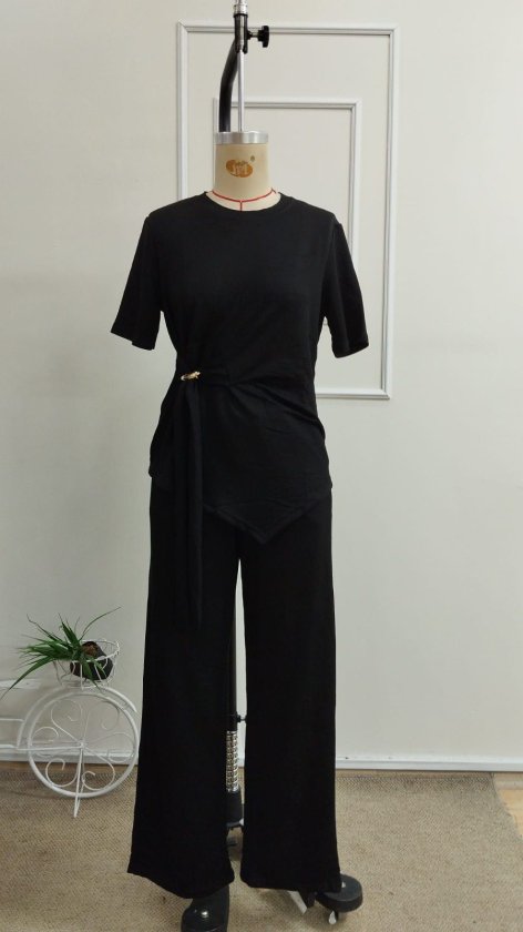 Set de două piese pentru femei, bluză și pantaloni din viscoză, cu guler rotund și mânecă scurtă, cu cataramă laterală, 34321
