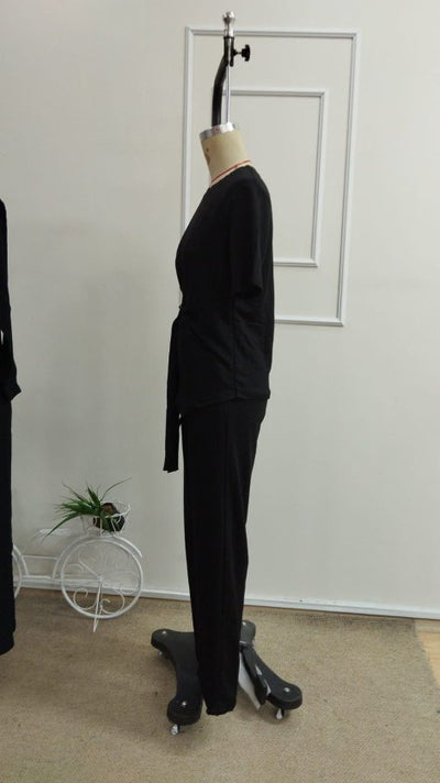 Set de două piese pentru femei, bluză și pantaloni din viscoză, cu guler rotund și mânecă scurtă, cu cataramă laterală, 34321