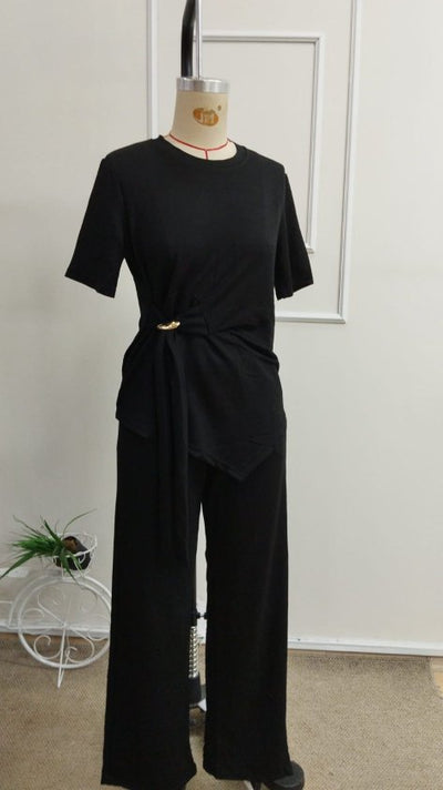 Set de două piese pentru femei, bluză și pantaloni din viscoză, cu guler rotund și mânecă scurtă, cu cataramă laterală, 34321