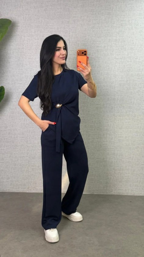 Set de două piese pentru femei, bluză și pantaloni din viscoză, cu guler rotund și mânecă scurtă, cu cataramă laterală, 34322