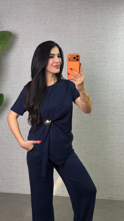 Kadın Kısa Kollu Bisiklet Yaka Yandan Toka Detaylı Viskon Iki Iplik Bluz Ve Pantolon Ikili Takım, 34322