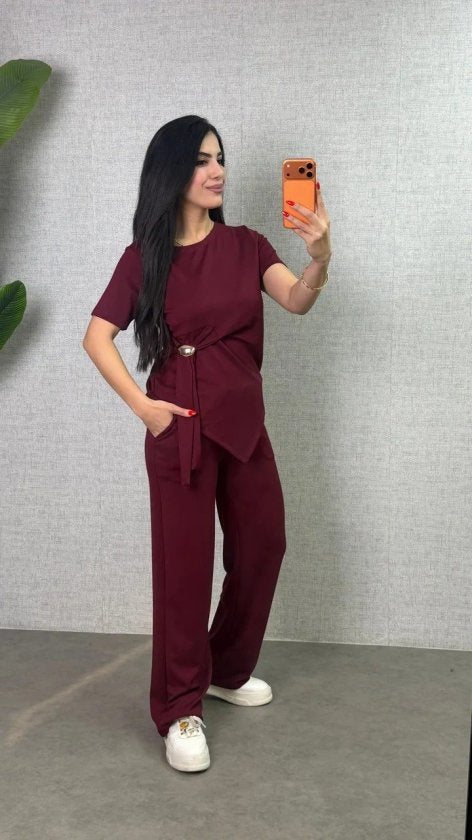 Set de două piese pentru femei, bluză și pantaloni din viscoză, cu guler rotund și mânecă scurtă, cu cataramă laterală, 34323