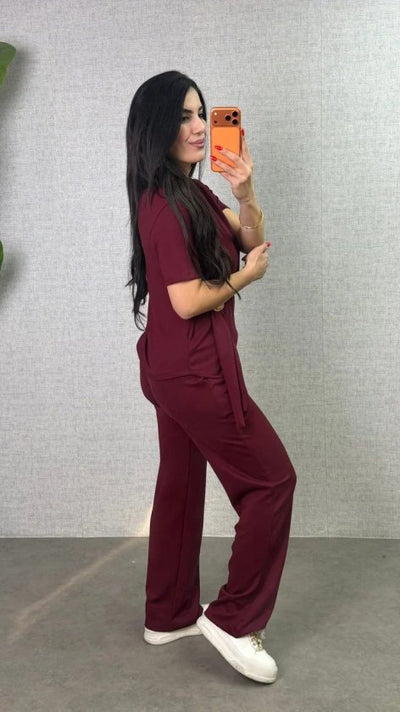 Set de două piese pentru femei, bluză și pantaloni din viscoză, cu guler rotund și mânecă scurtă, cu cataramă laterală, 34323
