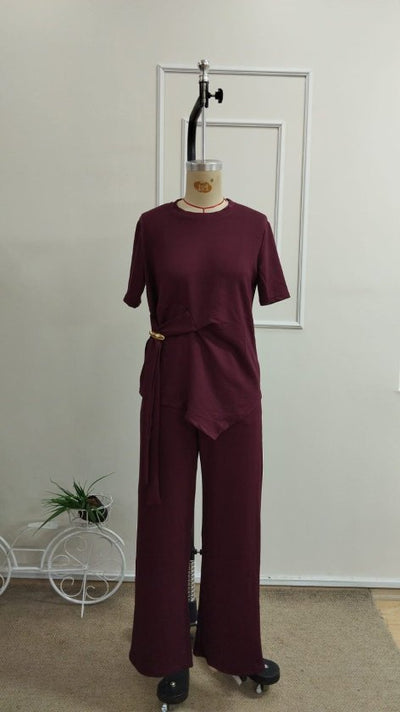 Set de două piese pentru femei, bluză și pantaloni din viscoză, cu guler rotund și mânecă scurtă, cu cataramă laterală, 34323