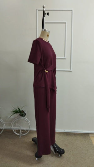 Set de două piese pentru femei, bluză și pantaloni din viscoză, cu guler rotund și mânecă scurtă, cu cataramă laterală, 34323